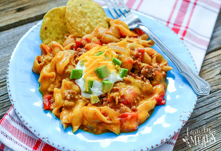 Instant Pot Taco Pasta - Recipe served on a light blue plate