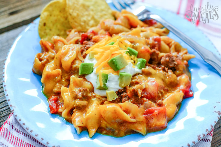 Instant Pot Taco Pasta - served on a blue plate