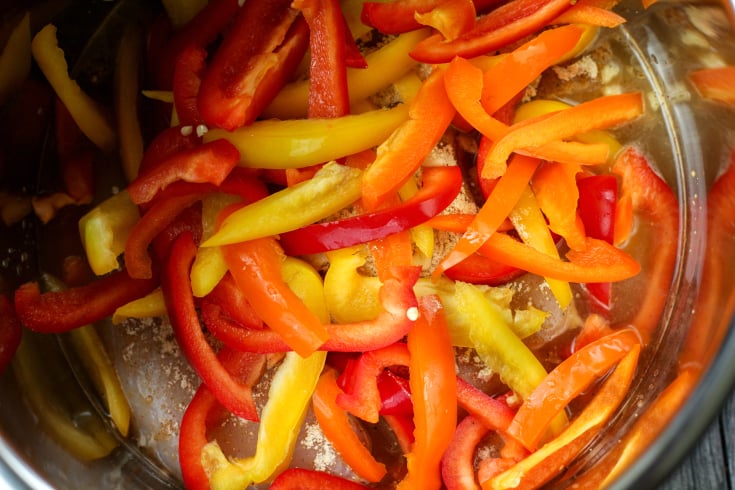 Instant Pot Chicken Fajitas - Bell Peppers on top of chicken