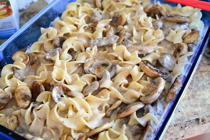 Beef Stroganoff Casserole - Casserole in a blue baking dish