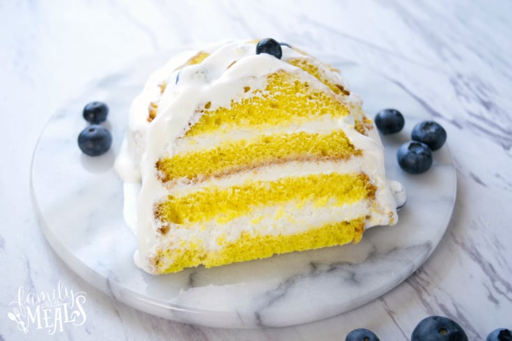 Easy Lemon Ice Cream Cake - Sliced ice cream cake on a white marble plate