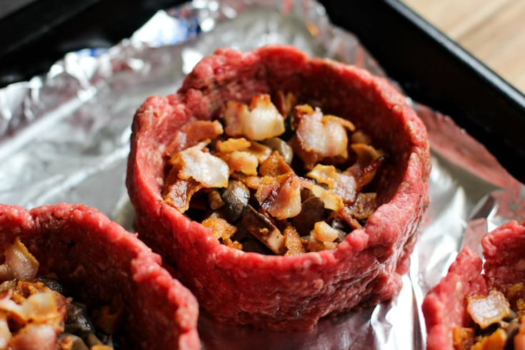 Fully Loaded Burger Bowls - Uncooked ground beef cup filled with bacon, mushrooms and cheese