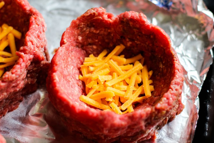 Fully Loaded Burger Bowls - Uncooked ground beef cup filled with cheese