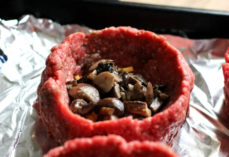 Fully Loaded Burger Bowls - Uncooked ground beef cup filled with mushrooms