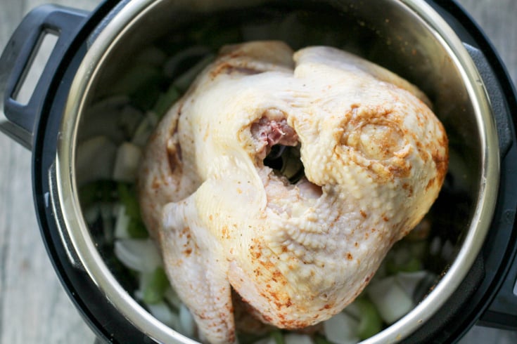 Instant Pot Beer Can Chicken - whole chicken on top of beer can, inside the instant pot