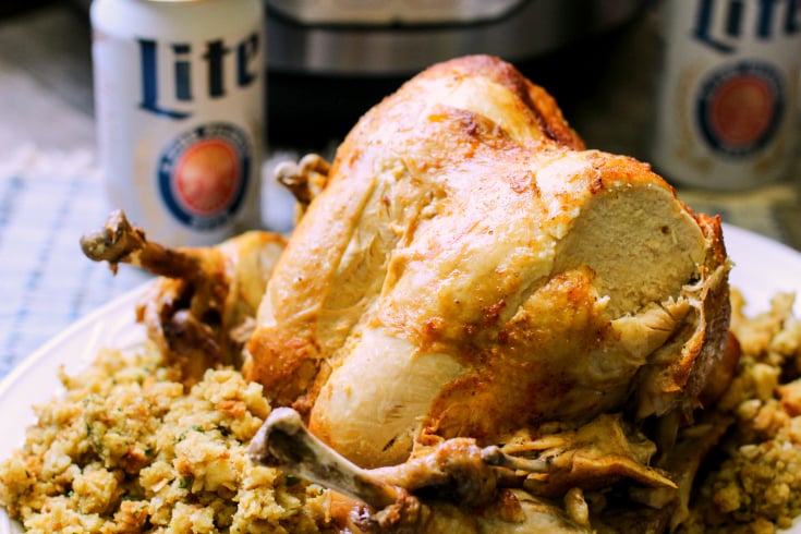 Instant Pot Beer Can Chicken - whole instant pot chicken served on a white plate with stuffing