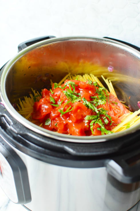 Instant Pot Spaghetti dinner - Spaghetti Ingredients inside the Instant Pot