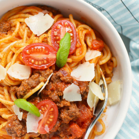 Instant Pot Spaghetti dinner - Served in a white bowl - Family Fresh Meals