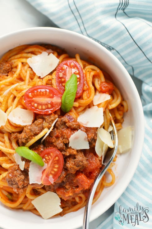 Instant Pot Spaghetti dinner - easy spaghetti recipe Served in a white bowl - Family Fresh Meals