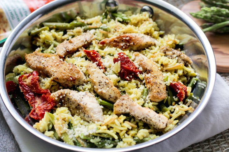 One Pot Italian Chicken Rice - Recipe served in a silver pan