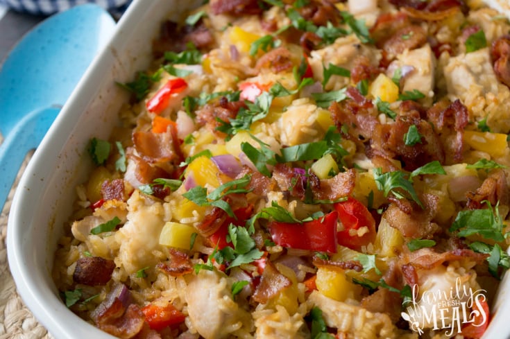 Aloha Pineapple Chicken Rice Casserole Recipe - Served in a white casserole dish