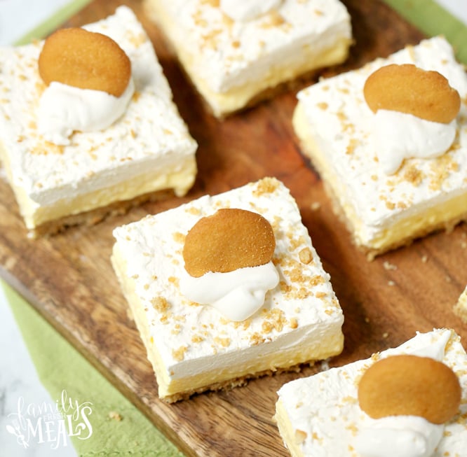 Easy Banana Cream Pie Bars - Banana cream pie bars cut into squares