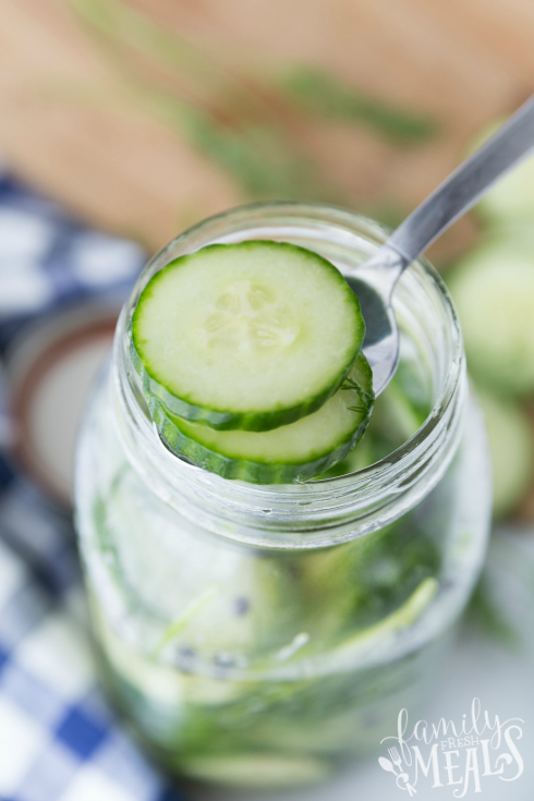 Easy Refrigerator Pickles - A fork holding pickle slices