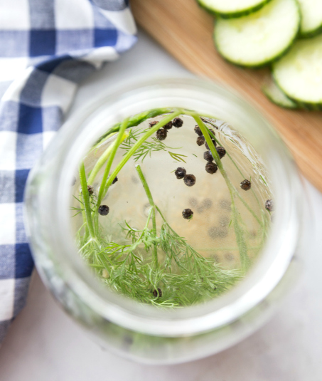 Easy Refrigerator Pickles - fresh dill placed in mason jar