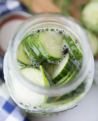 Easy Refrigerator Pickles - sliced cucumber in mason jar