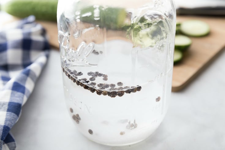 Easy Refrigerator Pickles - vinegar, pepper corns and seasoning in a mason jar