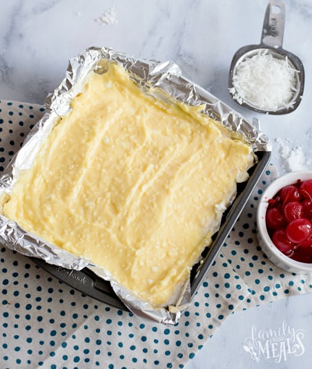 Pina Colada Lush Cake - Creamy pineapple mixture in the baking dish