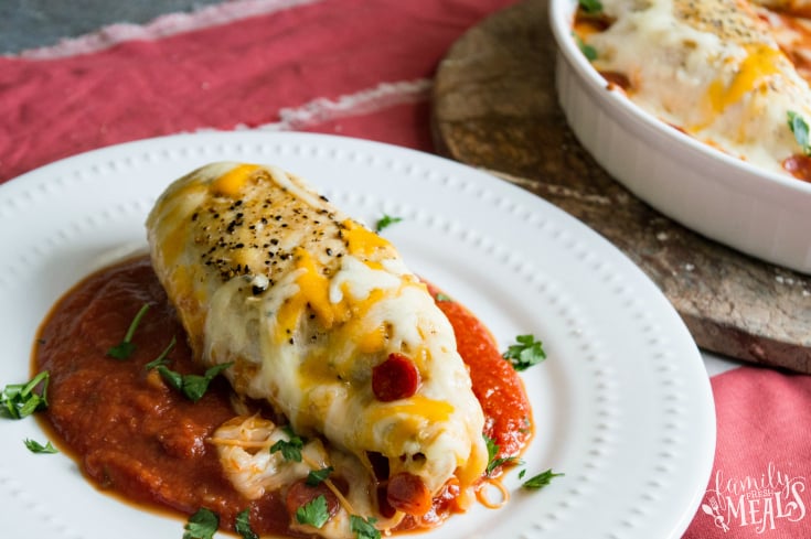 Pizza Chicken Bake - Served on a plate with red sauce