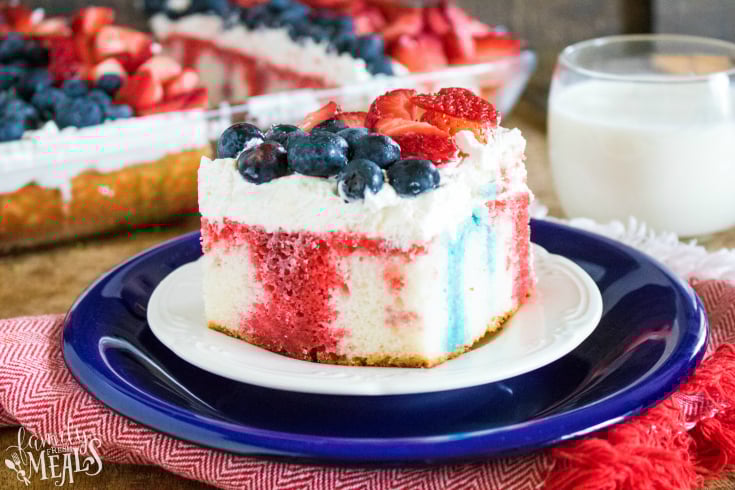 Red White and Blue Poke Cake - A slice of cake on a blue plate