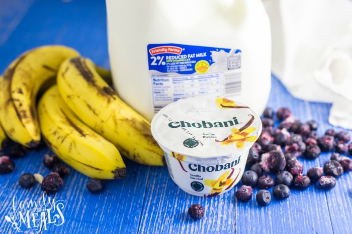 Blueberry Muffin Smoothie Bowl - Ingredients Milk, greek yogurt, bananas and blueberries