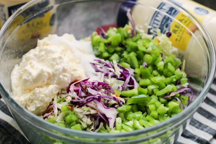 Classic Creamy Coleslaw - cole slaw ingredients in a glass bowl - family fresh meals