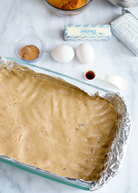 Creamy Pumpkin Pie Bars - Crust pressed into bottom of a baking dish