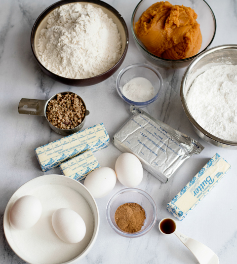 Creamy Pumpkin Pie Bars - Ingredients on a counter