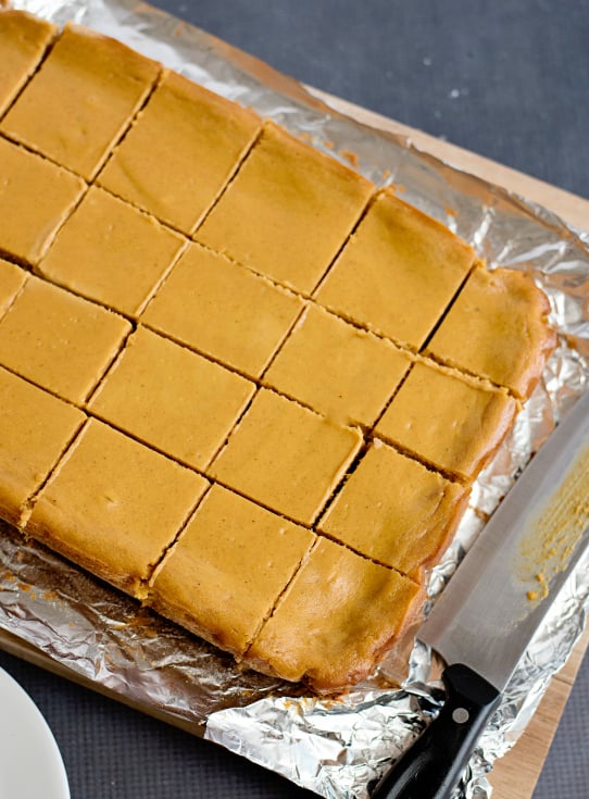 Creamy Pumpkin Pie Bars - baked and cut into squares