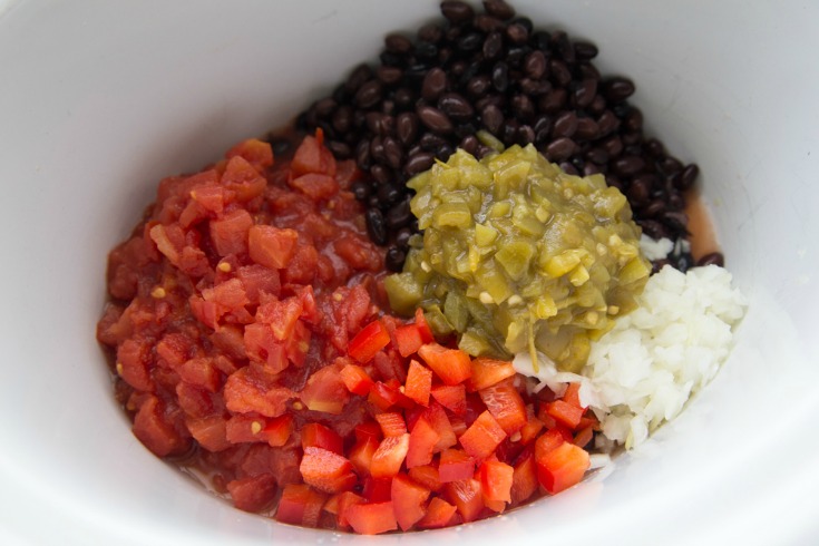 Crockpot Tex Mex Shredded Pork Bowls - Diced tomatoes, bell pepper, green chiles, onion, beans and pork in a slow cooker