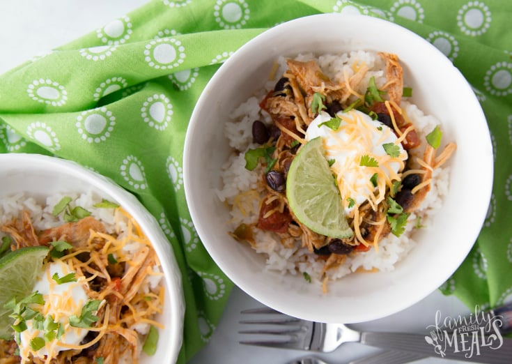 Crockpot Tex Mex Shredded Pork Bowls - Served in a small white bowls - Family Fresh Meals