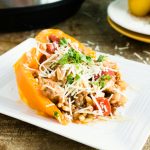 Instant Pot Orzo Sausage Stuffed Peppers Recipe - Served on a white plate