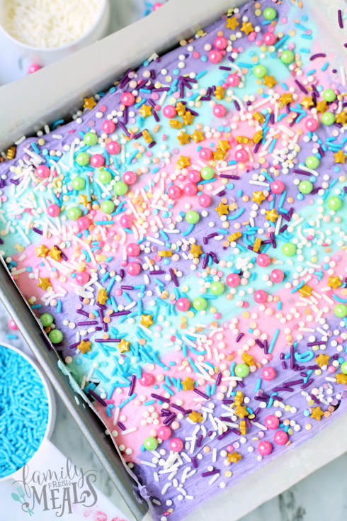 Unicorn Cereal Bars - Cereal bars topped with pastel frosing and food sprinkles