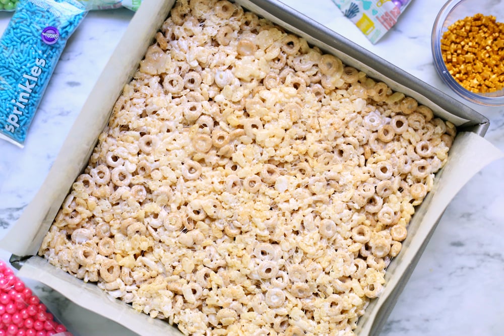 Unicorn Cereal Bars - Cereal treats pressed into a backing pan