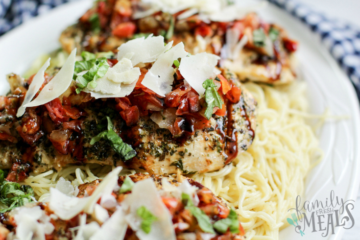 Bruschetta Chicken Recipe - Chicken served over a bed of pasta