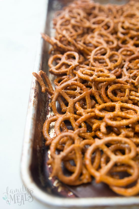 Buffalo Crack Ranch Pretzels - Pretzels on sheet pan - Family Fresh Meals