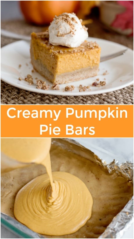 These Creamy Pumpkin Pie Bars are like a much easier version of pumpkin pie, because they use a shortbread-like bar crust instead of a pastry crust. via @familyfresh