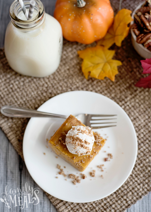 Creamy Pumpkin Pie Bars - Slice served on a white plate