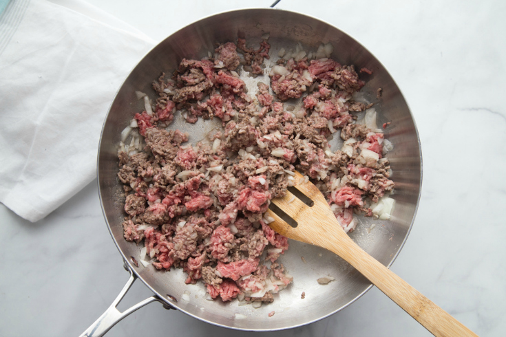 Grandma's Crockpot Lasagna - Browning beef in pan