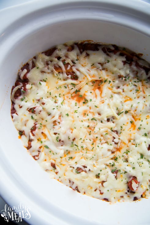 Grandmas Crockpot Lasagna - Cheese melted on top of lasagna in crockpot