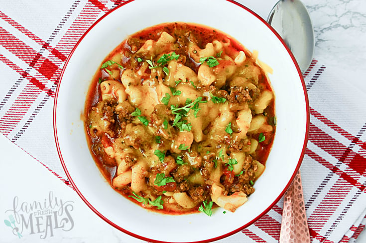 Instant Pot Goulash - Served in a white bowl