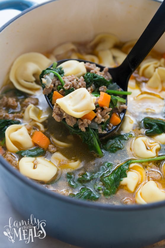 Italian Tortellini Soup - Being served with a ladle 