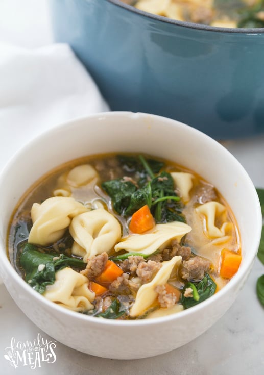 Italian Tortellini Soup - Served in a white bowl - Family Fresh Meals