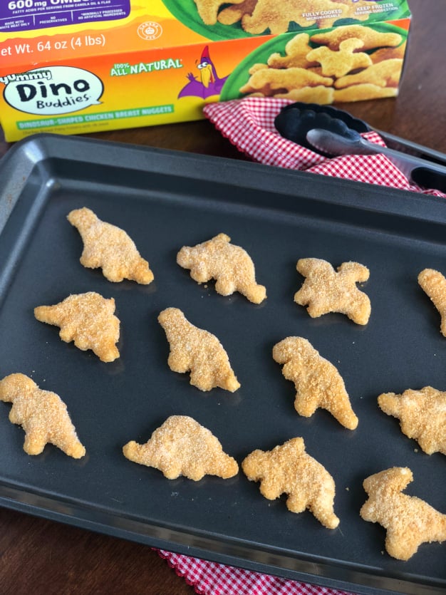 Yummy Dino Buddies - Frozen chicken nuggets on a baking sheet - Family Fresh Meals