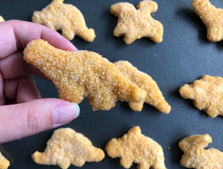 Yummy Dino Buddies - Holding a dino shapped chicken nugget - Family Fresh Meals