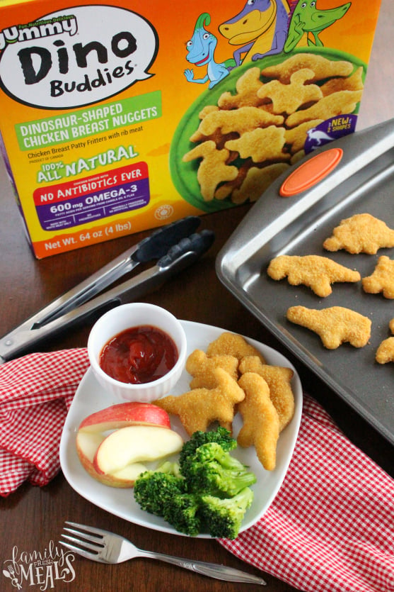 Yummy Dino Buddies - Served on a white plate with apples and broccoli - Family Fresh Meals