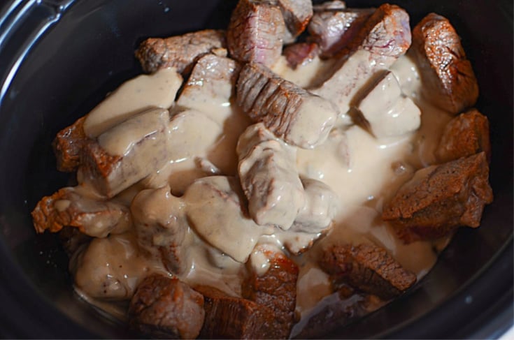 Crockpot Beef with Mushroom Gravy - Beef and cream of mushroom sauce over poured over beef