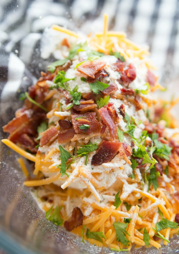 Savory Bacon Cheese Ball - cream cheese, shredded cheese, bacon and seasoning in a bowl