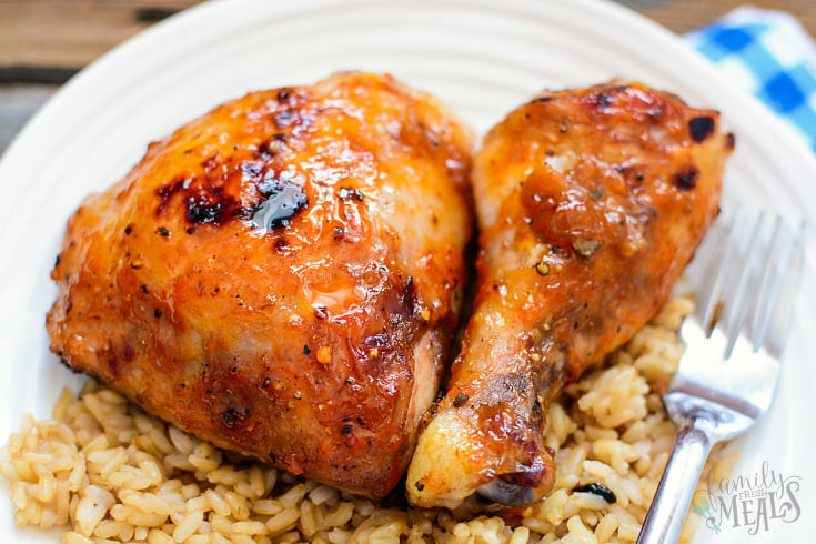 Baked Apricot Chicken - Healthy baked chicken recipe served on a plate with rice