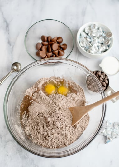 Easy Cake Mix Kiss Cookies - Cake mix and eggs in a glass bowl