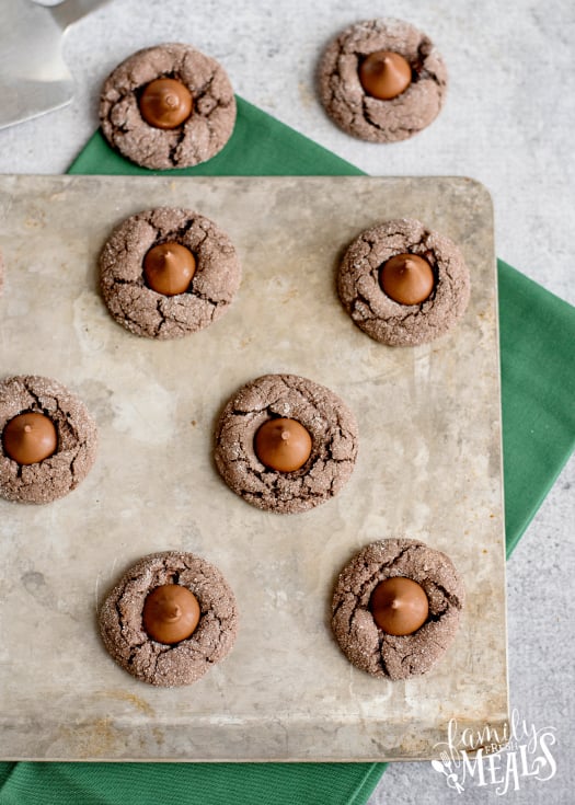 Easy Cake Mix Kiss Cookies - Cooked cookies on a baking sheet